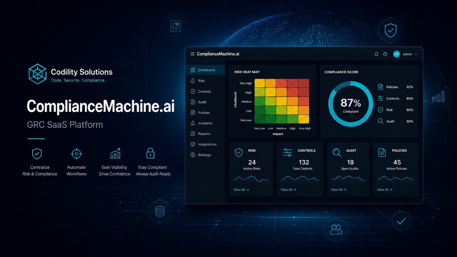 ComplianceMachine.ai GRC SaaS dashboard - compliance management platform built by Codility Solutions